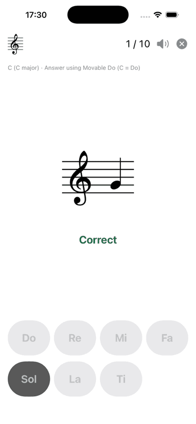 Single-note drill: correct answer with the Do–Ti buttons