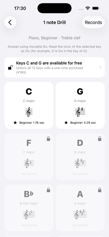 Key selection screen with personal bests