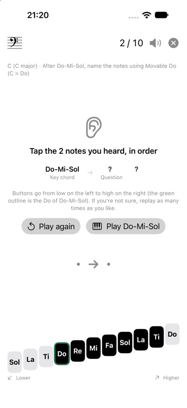 Ear training: listen after Do-Mi-Sol and name the notes
