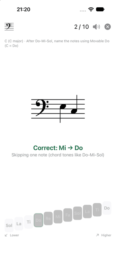 Ear training: the staircase of answer buttons